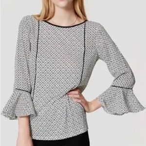 Loft Black & White Bell Sleeve Blouse, Size M